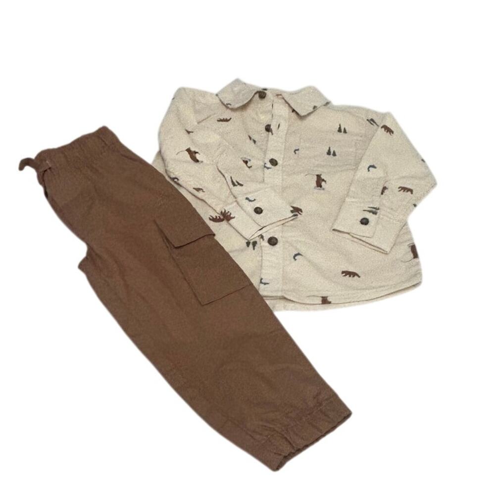 Carters 2 piece w/cute woodland bear and trees on button down shirt sz 2T